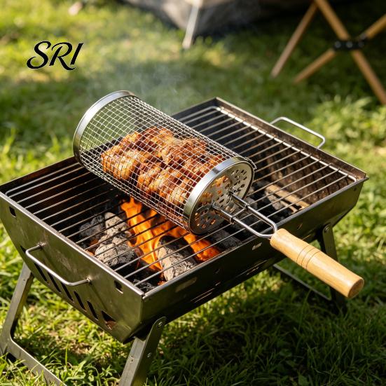 Shrimp Grill Basket Rotating BBQ with Wood Handle Stainless Steel Gas Cylinder Cage for Camping Non-Stick Outdoor Cooking Tool