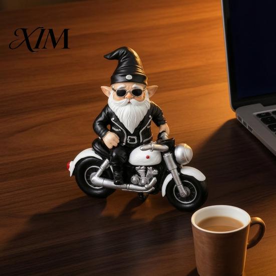 Resin Garden Ornaments Motorcycle Gnome Figurine with Leather Jacket & Sunglasses, Western Cowboy Style Statue for Indoor Tabletop Ornament