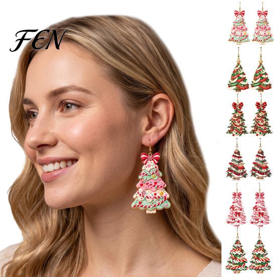 Holiday Party Jewelry Christmas 2D Acrylic Earrings, Colorful Tree Dangle Earrings with Bow Decorative Decor, Lightweight Drop Jewelry, Decorations