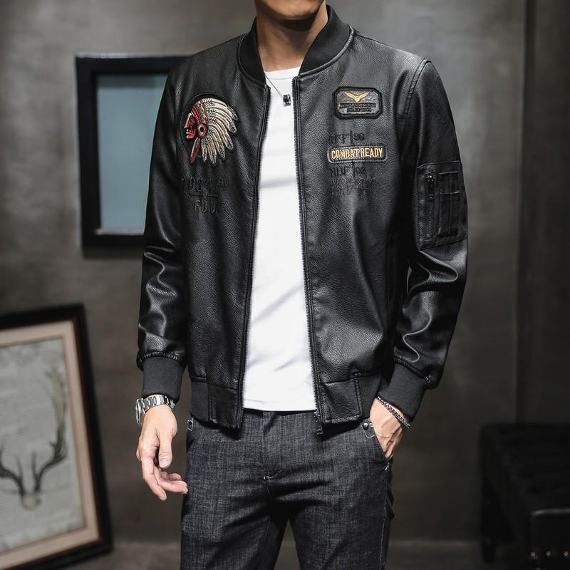 Men's Pu Leather Jacket Baseball Collar Embroidered Locomotive Clothing Spring and Autumn Men's Casual Trend Leather Jacket