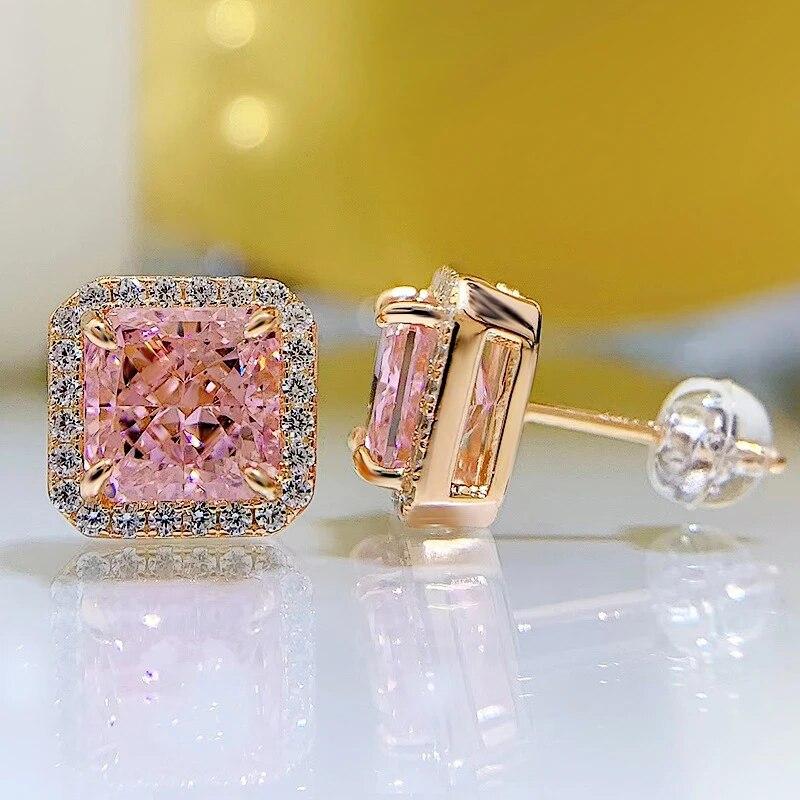 S925 100% стерлинговое серебро сверкающие квадратные розовые серьги-гвоздики с высокоуглеродистыми бриллиантами для женщин Свадебная вечеринка изящные ювелирные изделия в подарок