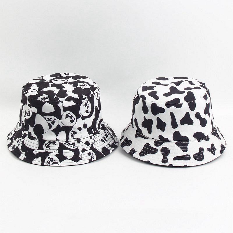 Cow Reversible Black White Cow Panda Zebra Pattern Bucket Hats Fisherman Caps for Women Summer Double Side Bonnet Hat for Women