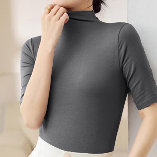 Summer Tops Turtleneck Solid Color Half Sleeve Slim Fit Smooth Wear