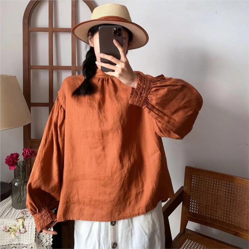 Johnature Simple Women Tops Shirts Spring Summer Casual Vintage Solid Color Loose Button Pleated Women Blouses