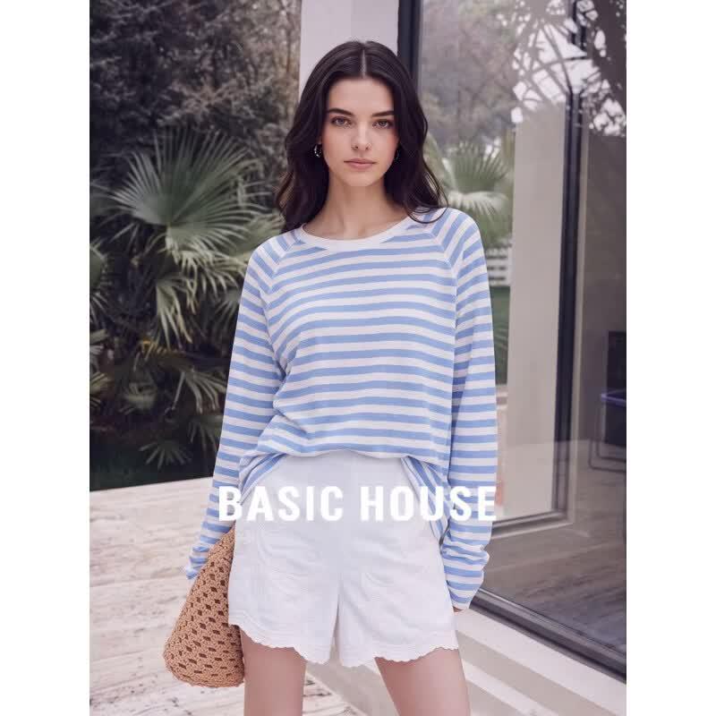Базовая полосатая женская футболка с длинным рукавом Basic House