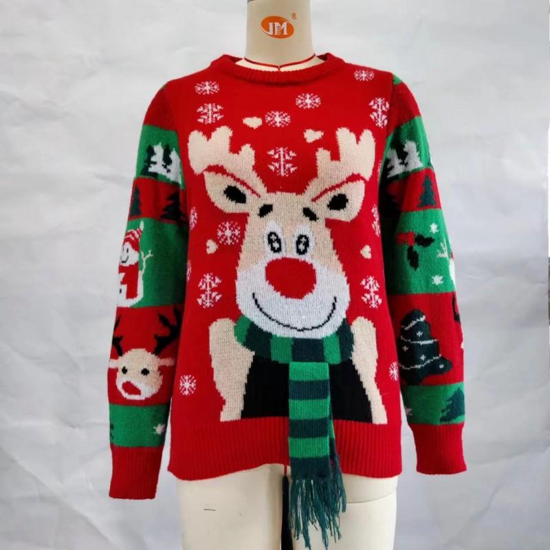 Womens Loose Knit Sweater With Cute Deer Motif LED Light Detail Round Neck Long Sleeve Christmas Pullover