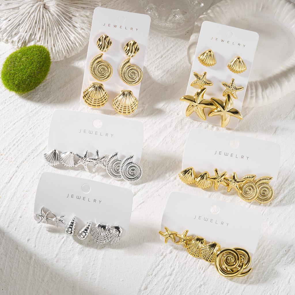 Vintage Gold Color Textured Starfish Shell Earrings Set Chunky CCB Scallop Conch Stud Earring for Women Summer Aesthetic Jewelry