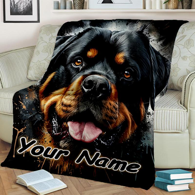 1PC Custom Name Rottweiler Strength Loyalty flannel blanket versatile,all-season throw suitable for the living room,bedroom,camping,travel,and gift