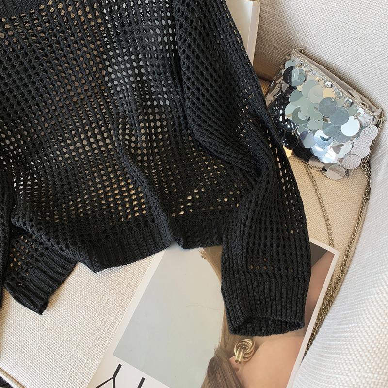 Модный свободный ажурный солнцезащитный вязаный свитер для женщин, осенний тонкий длинный рукав, круглый вырез, трикотаж, женские элегантные повседневные свитера 24799