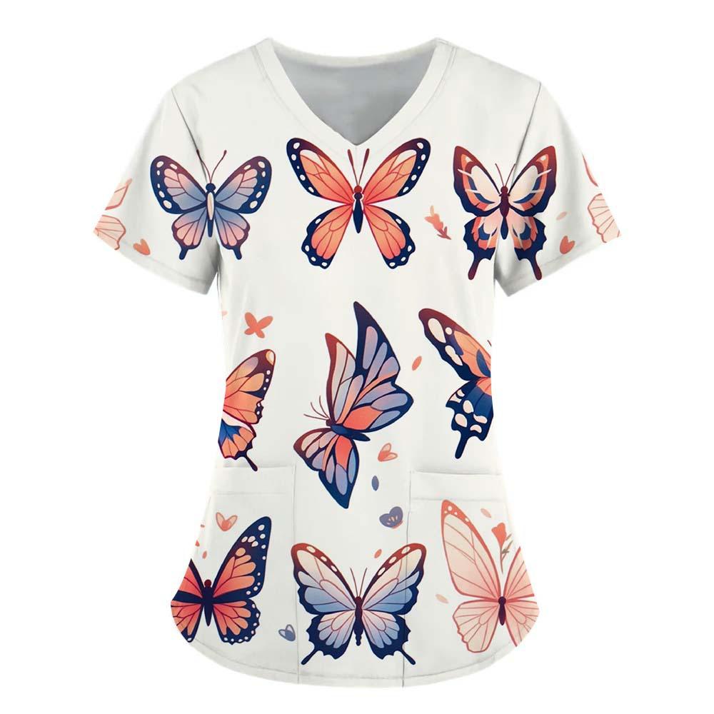 Women's T-shirt V-neck Nurse Uniform Commuting Comfortable Short Sleeved Butterfly Printed T-shirt for Women