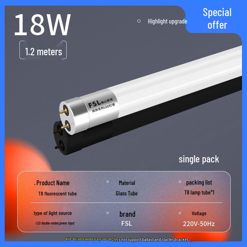 FSL Foshan T8 LED Tube Double-Ended Glass Light, 1.2M, Super Bright Daylight Lamp for Home