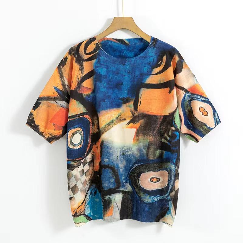 Вязаные топы с короткими рукавами Весенние трикотажные пуловеры с цветочным принтом Женская повседневная футболка с круглым вырезом