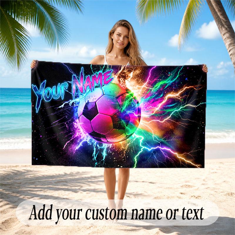 Soccer Theme Beach Towel Personalized Custom Name & Text Soft Quick Dry Beach Towel for Swimming Travel