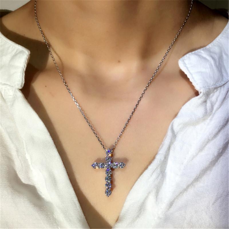 Fine Lab Diamond Cz Крест Подвеска Настоящее Стерлингового Серебра 925 пробы Вечерние Свадебные Подвески Ожерелье для Женщин Мужчин Муассанит Ювелирные Изделия