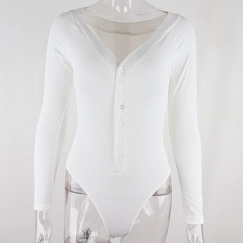 European and American Long Sleeved Buttoned Inner V-neck Sexy Slim Fit Jumpsuit