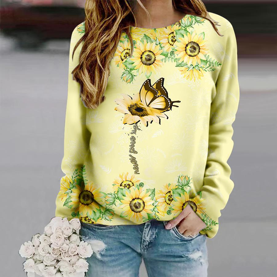 Tops For Women Butterfly Sunflower Print Round Neck Long Sleeve T-shirt Fall Casual Slim Pullover Women's Long Sleeve Top
