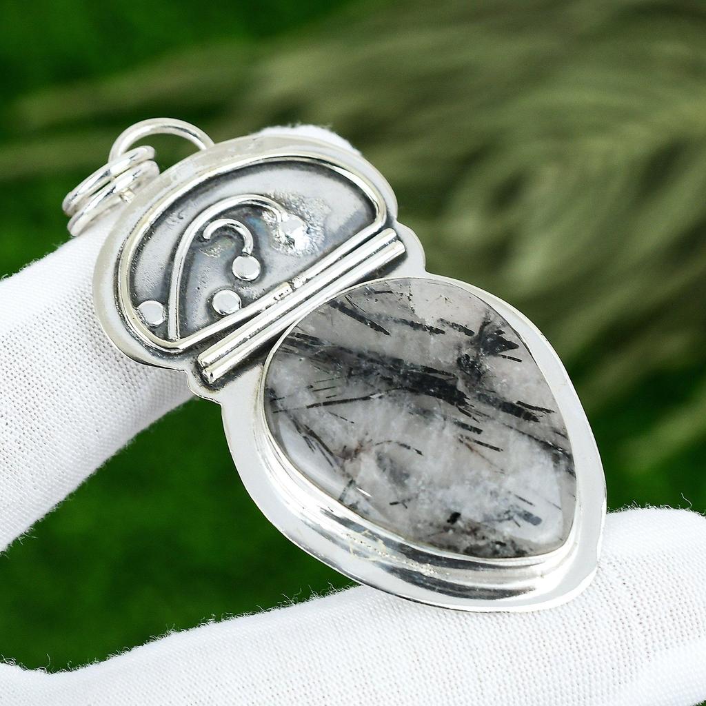 Sisters Day Deal 925 Sterling Silver Pear Black Rutile Gemstone Pendant Jewelry
