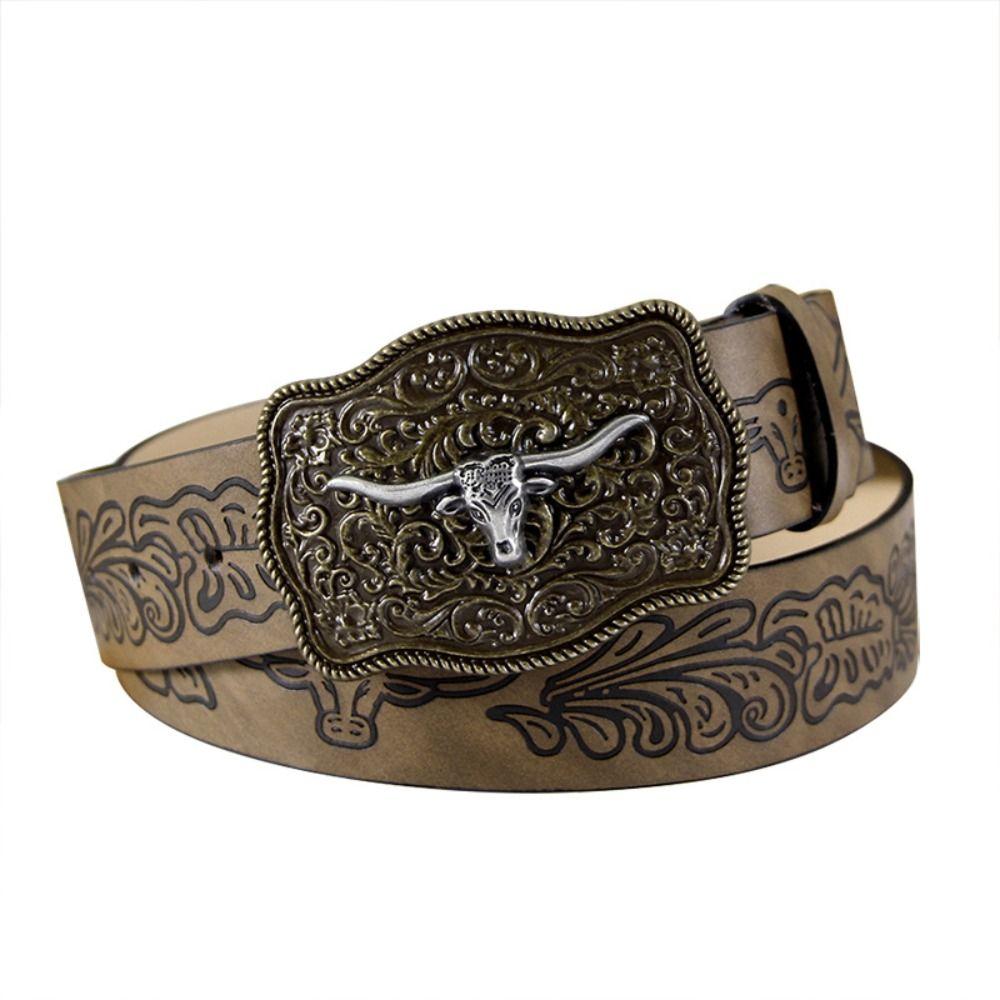 Retro Western Cowboy Belt Cow Head Buckle Waistband Trendy Embossed Belt For Man Women