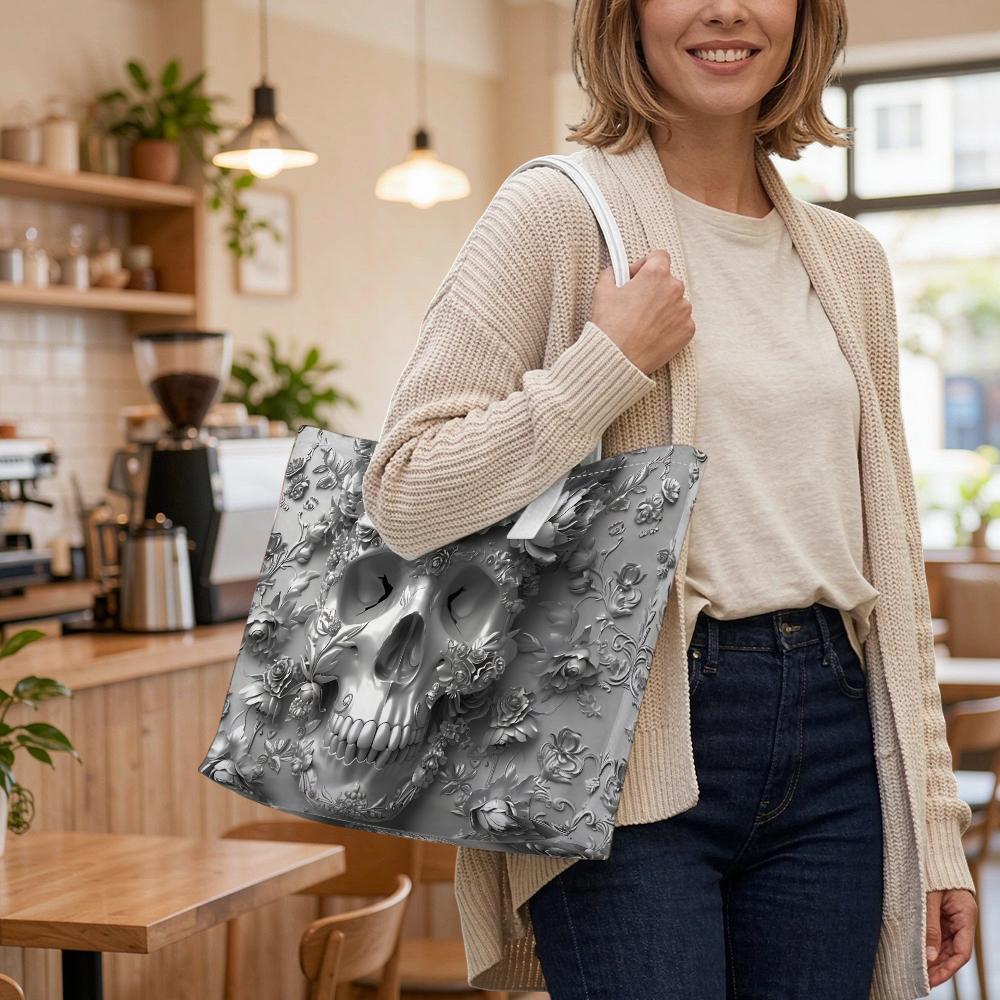 Grey Skull Rose Embossed Stylish Tote Bag for Daily Casual Carry