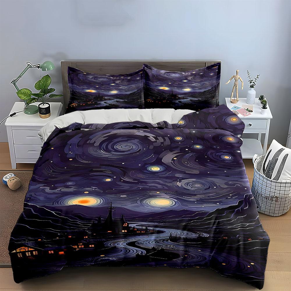 Swirling stars and town. Bedding sets Duvet cover sets Duvet covers Pillowcases(1*Duvet Cover 2*Pillowcases without duvet insert)