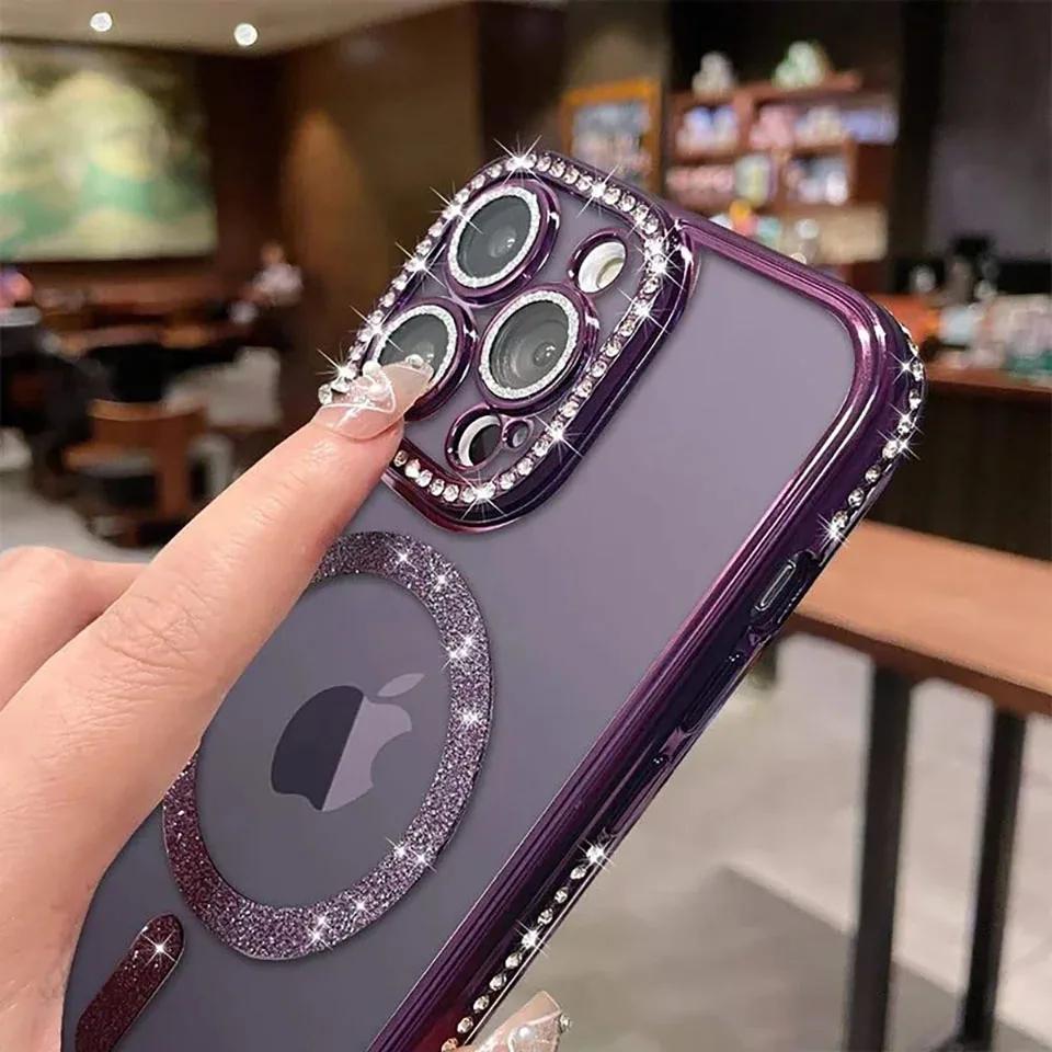 Luxury Plating Glitter Magnetic For Magsafe Case For iPhone 15 13 12 11 14 Pro Max Diamond Lens Protection 15 14 Plus Back Cover