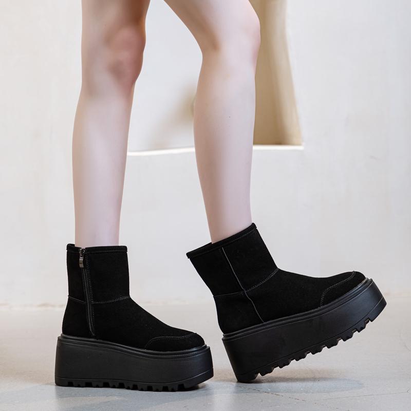 Зимние женские ботинки на платформе, зимние, на высоком каблуке 8 см, теплые женские ботильоны, простые женские ботинки из натуральной кожи