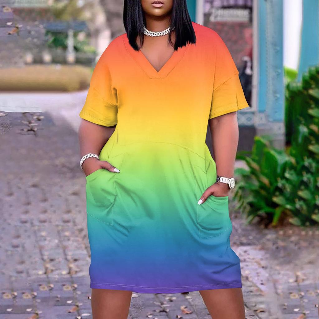 Лето плюс размер V-образным вырезом с коротким рукавом и карманом до колена с градиентным принтом повседневное платье для женщин