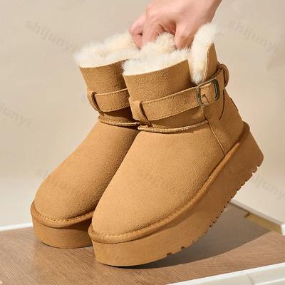 Модные зимние сапоги из искусственной шерсти, женские утолщенные плюшевые теплые ботинки с хлопковой подкладкой, женские модные ботильоны на толстой платформе с пряжкой