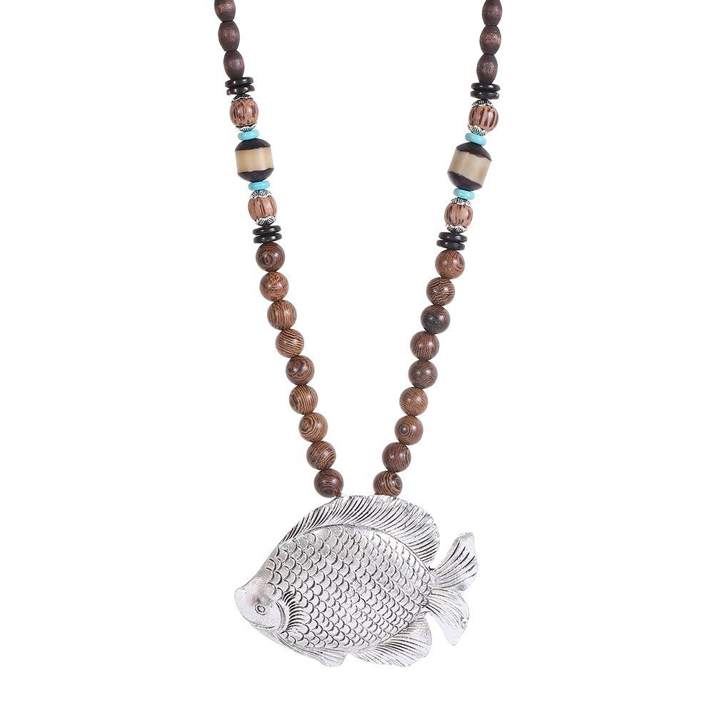 Подарок на удачу в стиле бохо, этнические украшения ручной работы, мала, деревянные бусины, рог, кулон в виде рыбы, ожерелье Непала, буддийское