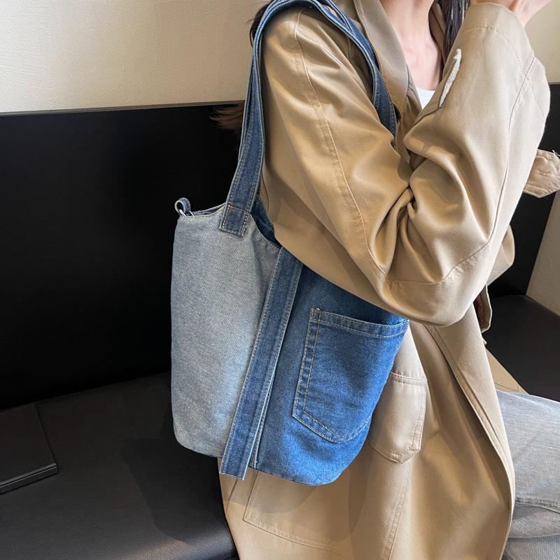 Niche Bucket Canvas Bag Women's Bag Literary Fashion Hand Bill Shoulder Bag Patchwork Denim Crossbody Bag