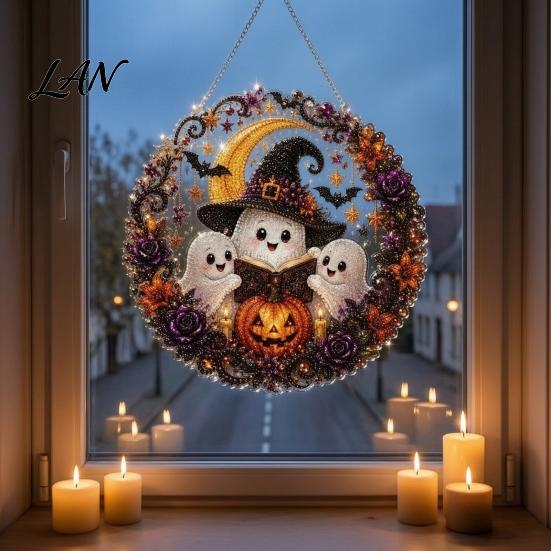 Halloween Craft Kits for Adults Ghost/Owl Diamond Art Hanging Ornament Kit, Easy Painting Beginners Suncatcher, DIY Pendant Window Decor Decorative