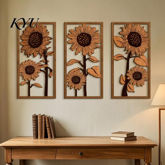 Floral Wall Sculpture 3Pcs Vintage Sunflower Wooden Decor, Farmhouse Cutout Wood Living Room Decor Art, Rustic Hanging Ornament for Bedroom