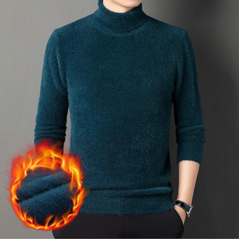 Men's Winter Solid Color Warm Turtleneck Thick Sweater Imitation Mink Velvet Knitted Base Layer Plus Velvet Sweater