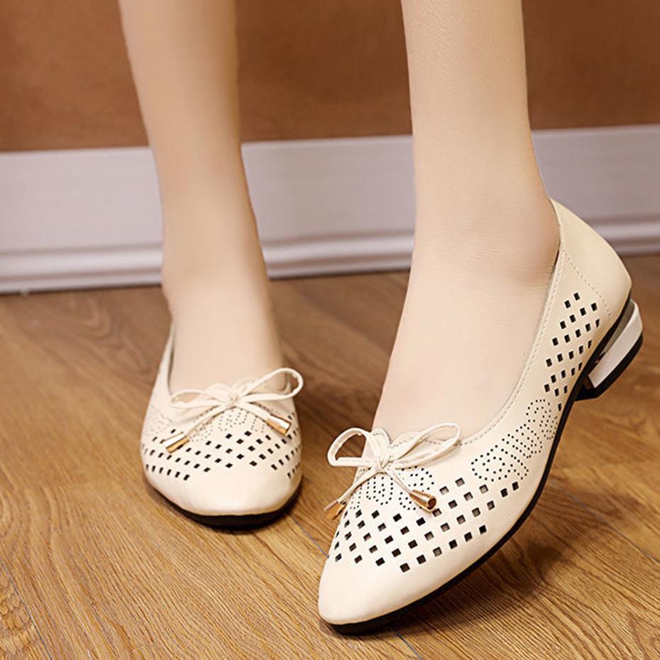 Women's Shoes Spring Flat Hollow Pumps Soft Leather Shoes Bow Low Heel Soft Sole