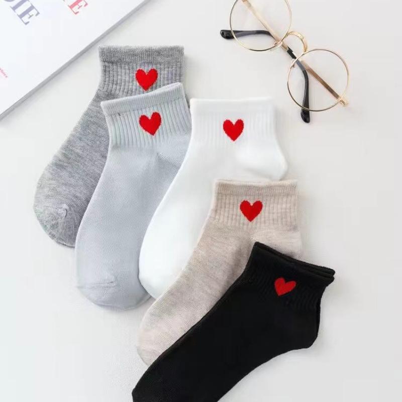 5 пар носков, короткие хлопковые носки, носки в стиле Харадзюку с узором в виде сердечек, однотонные милые носки в стиле хип-хоп