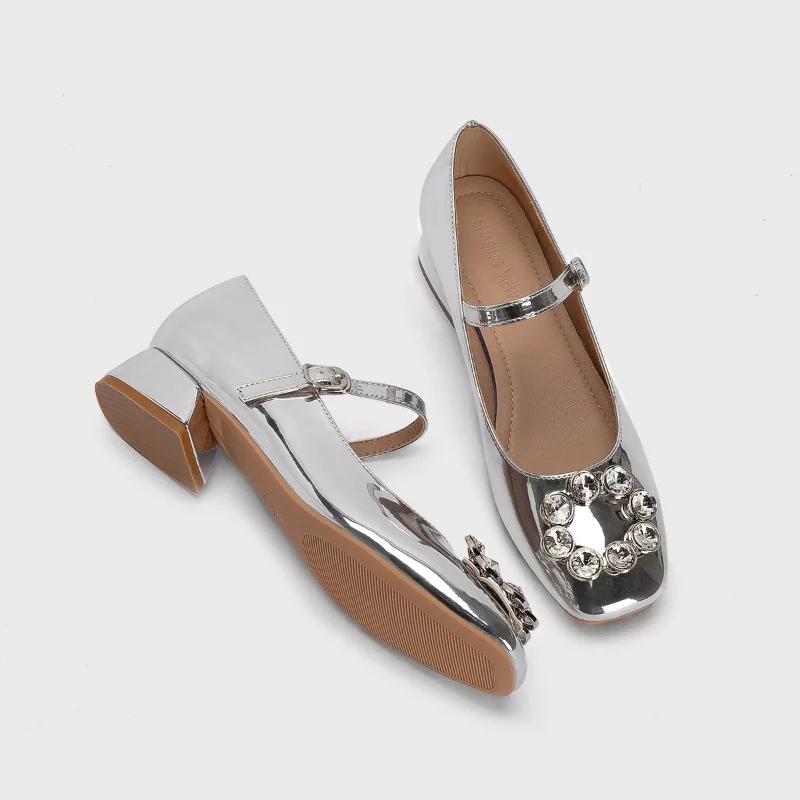 Модные женские туфли Мэри Джейн с квадратным носком, модные женские туфли со стразами на весну, элегантные туфли на высоком каблуке, уличные туфли для женщин