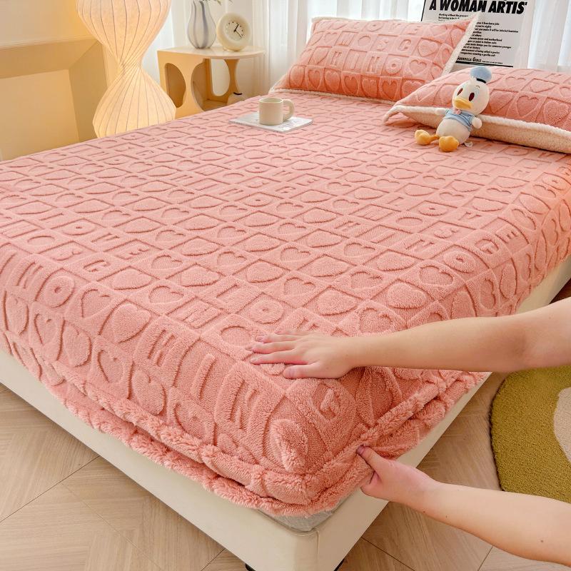 Warm Fitted Bed Sheet Taff Velvet Fleece Bed Linen Coral Fleece Bed Sheet with Elastic Band Bedsheet Mattress Protection Cover(No Pillowcase)