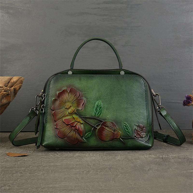 Genuine Leather Women Bag Flower Totem Embossing Ladies Handbags Vintage Design Shoulder Bags Fashion Crossbody Bag