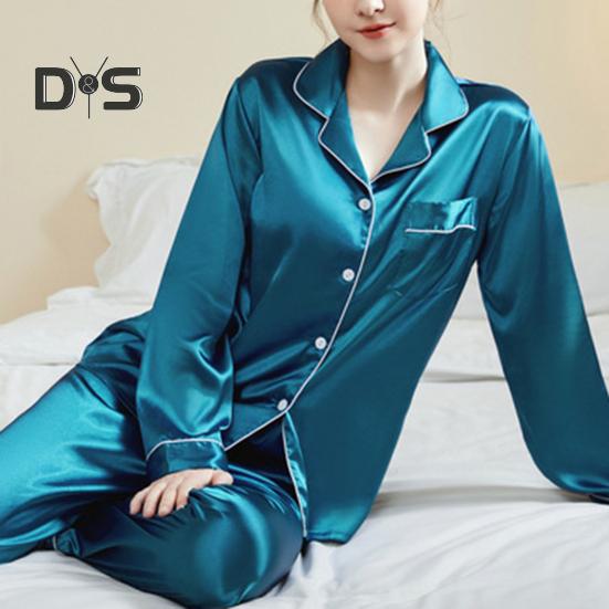 2 шт./комплект пижамный костюм атласный однобортный кардиган рубашка V-образный вырез воротник однотонная рубашка широкие свободные брюки ночная рубашка одежда для сна