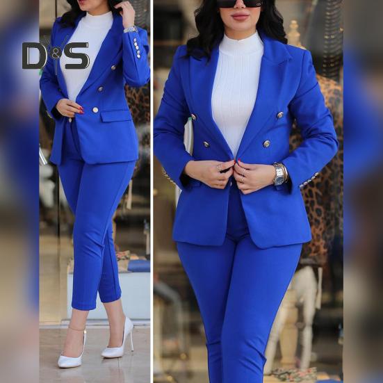 2 Pcs/Set Women Coat Pants Suit Double-breasted Long Sleeve Cadigan Lapel Jacket High Waist Button Zipper Closure Slim Fit Pants Lady OL Commute