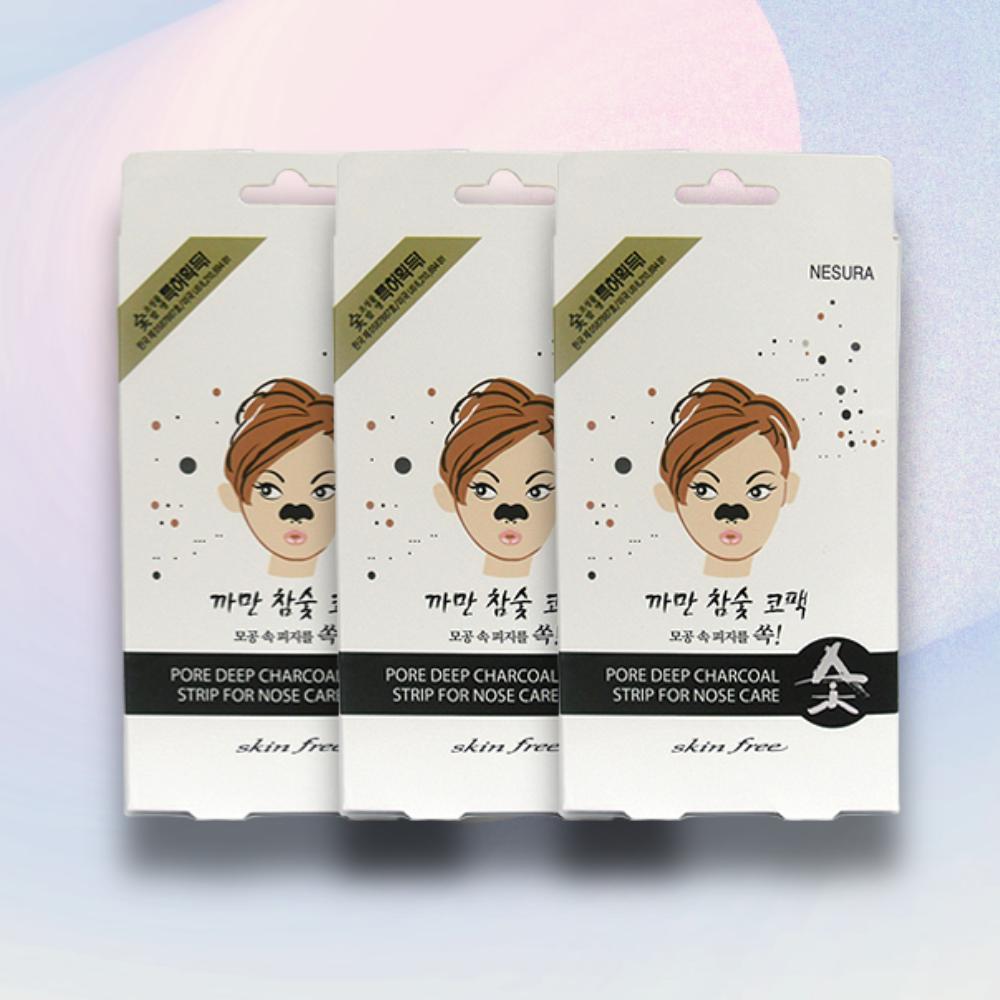 Nesura Skin Free Black Charcoal Nose Pack 8 листов x 3 банки, 3 штуки