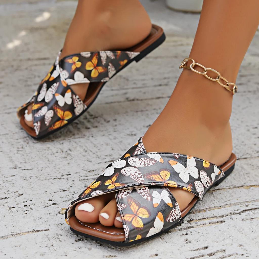 Women's Square Toe Slippers Retro Open Toe Flat Casual Beach Shoes for Women Outdoor Light Women's Slides Shoes Female Sandals