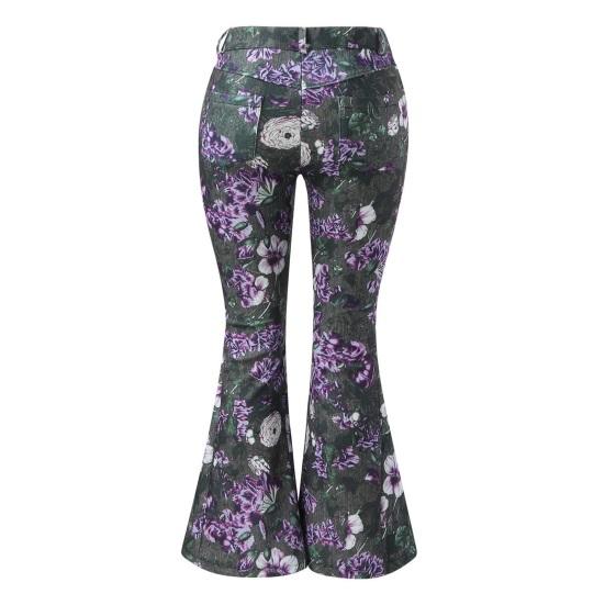 Женские джинсовые брюки с высокой талией, цветочным принтом, расклешенные джинсы с карманами, поясом, легкими дышащими джинсами