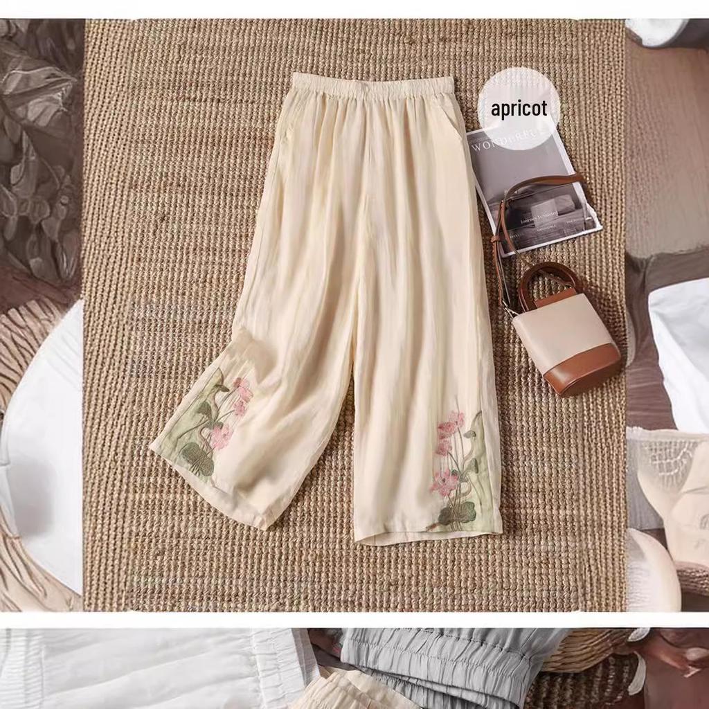 Женские ретро хлопково-льняные широкие брюки с вышивкой 2024 - Летние легкие повседневные брюки длиной до щиколотки.