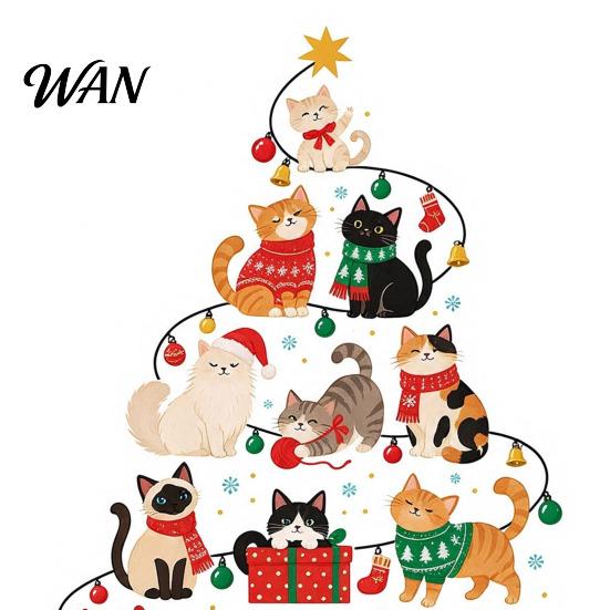 Window And Glass Decorations Christmas Tree Shape Wall Stickers with Xmas Elements/Puppy/Kitten Patterns, Self-Adhesive PVC Decals, Decorative Nursery