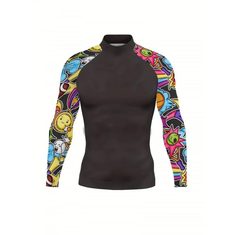Mens Black Turtleneck Long Sleeve UV Protection Shirt With Colorful Cartoon Print Outdoor Sports Surfing