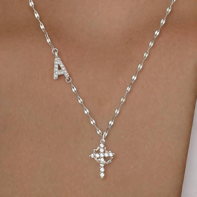 Cross Shape Letter Necklace Women Gold Plated Copper Pendant Versatile Fashion Jewelry