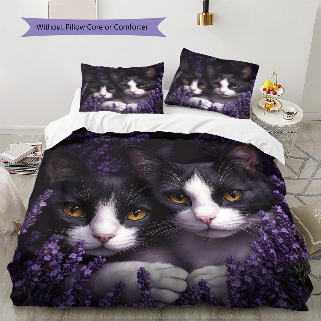 Beautiful Cow Cat Pattern Bedding Home Decoration Birthday Gift (1 * duvet cover + 2 * pillowcase, without core)