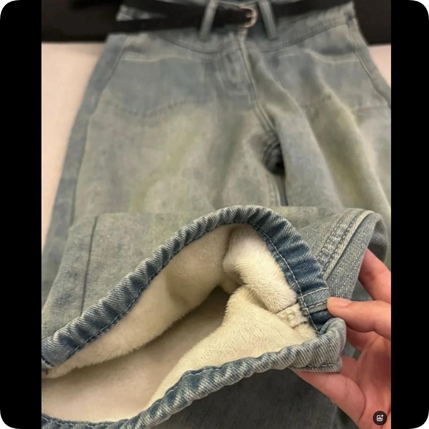 Autumn and Winter American Retro Washed Thickened Plus Velvet Jeans, High Waist, Thin, Straight Loose Wide-leg Trousers