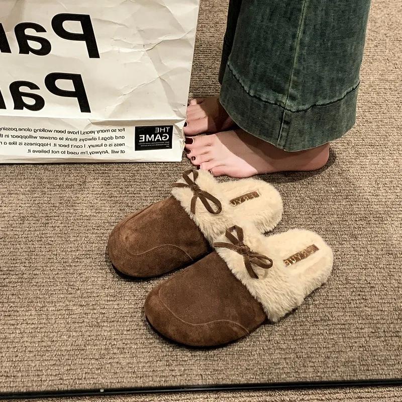 2024 Мода Женская Обувь Баотоу Женские Тапочки Горячая Распродажа Бант-бабочка Повседневные Тапочки Женские Зимние Плюс Бархат Плоские Тапочки